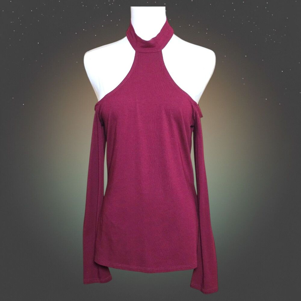 Express Burgundy Halter Cold Shoulder Long Sleeve Top NWT Medium